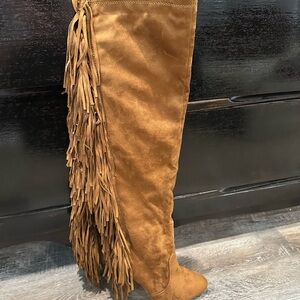 Cognac Brown Fringe Tassels Suede Like Knee-High Boots